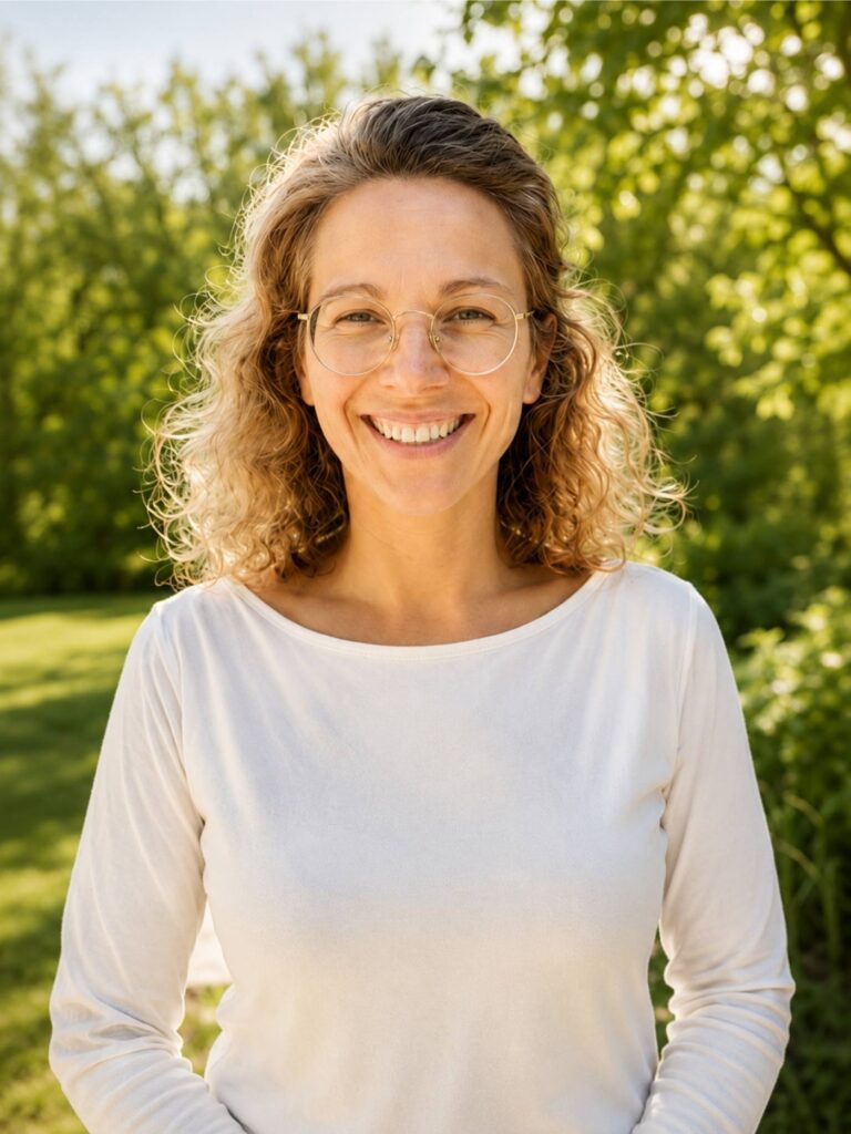 Katja Bauer lächelt freundlich in die Kamera vor einem grünen, natürlichen Hintergrund.